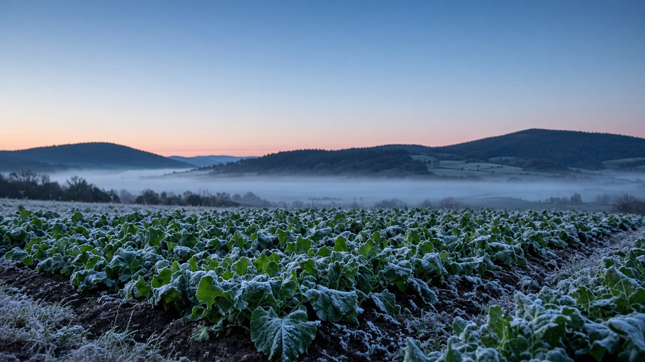 Frost on a vegetable field at dawn, with cold fog pooled in the valley below.