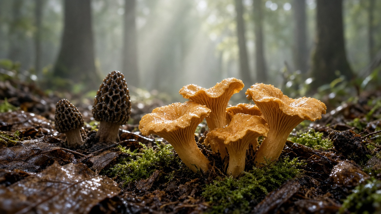 Golden chanterelles and morels emerging from wet leaf litter and moss on a misty forest floor after rain.