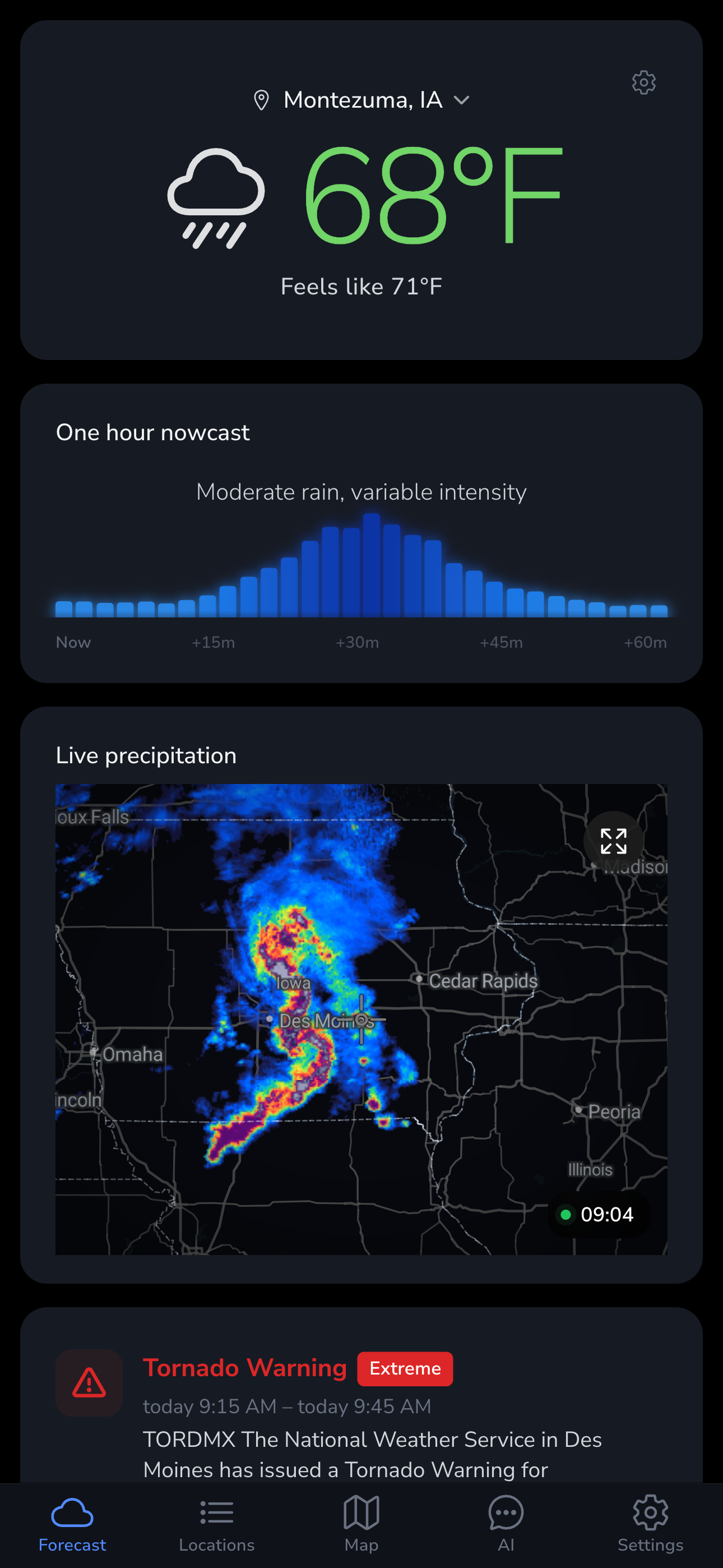 Mobile forecast screen with a one-hour nowcast and live precipitation radar during a severe thunderstorm watch